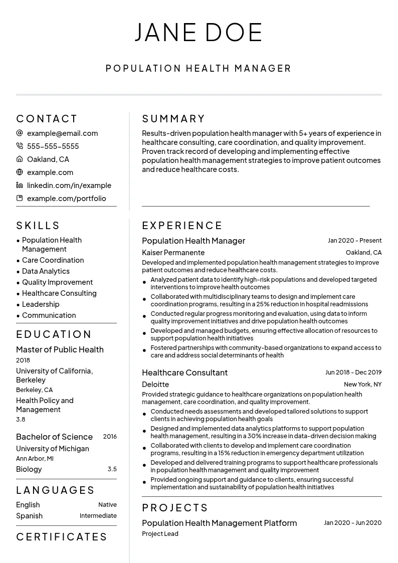 Population Health Manager resume example