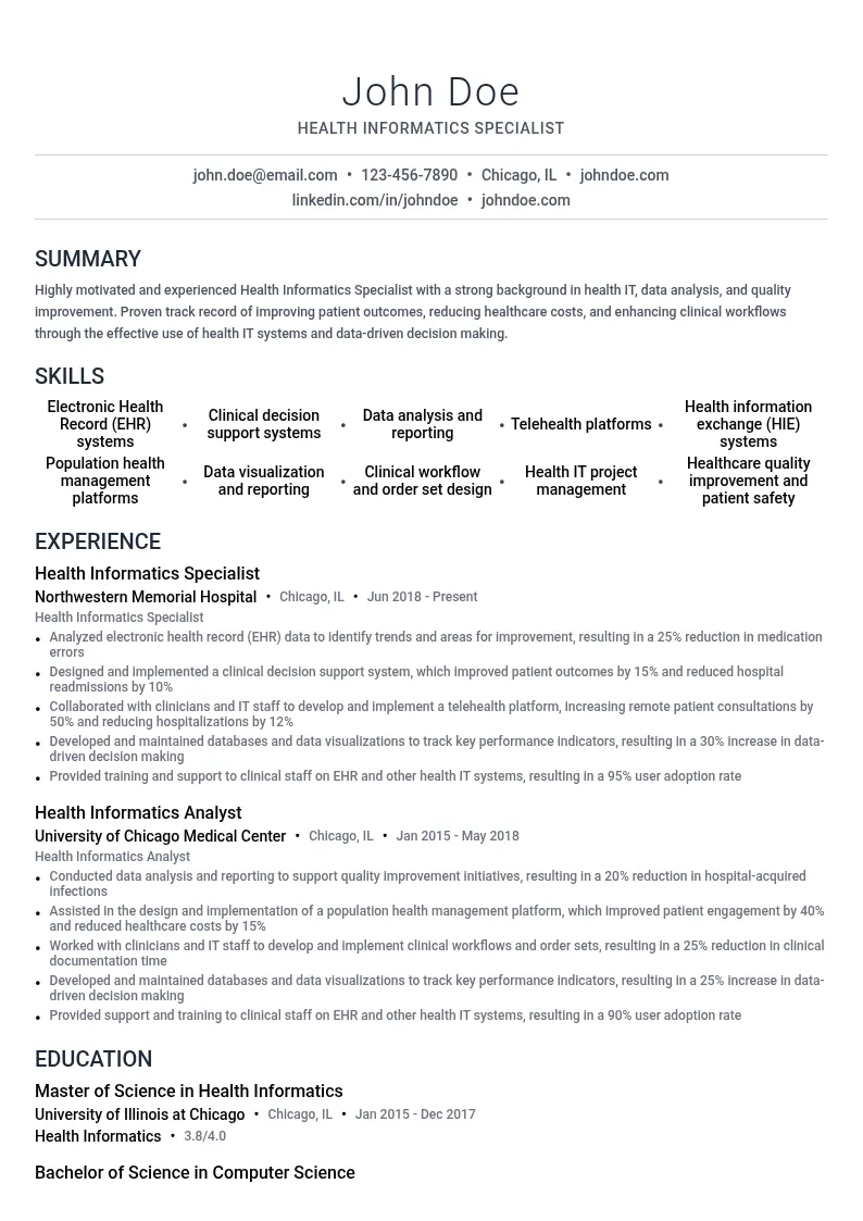 Health Informatics Specialist resume example