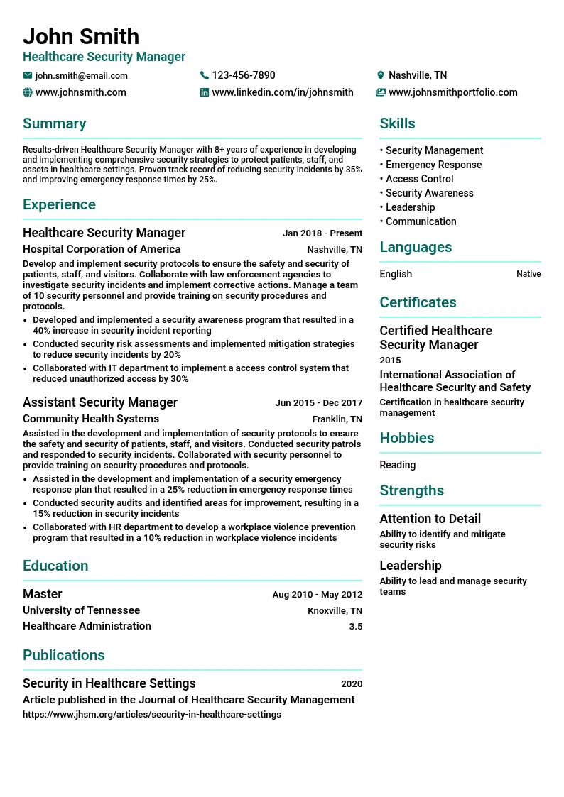 Healthcare Security Manager resume example