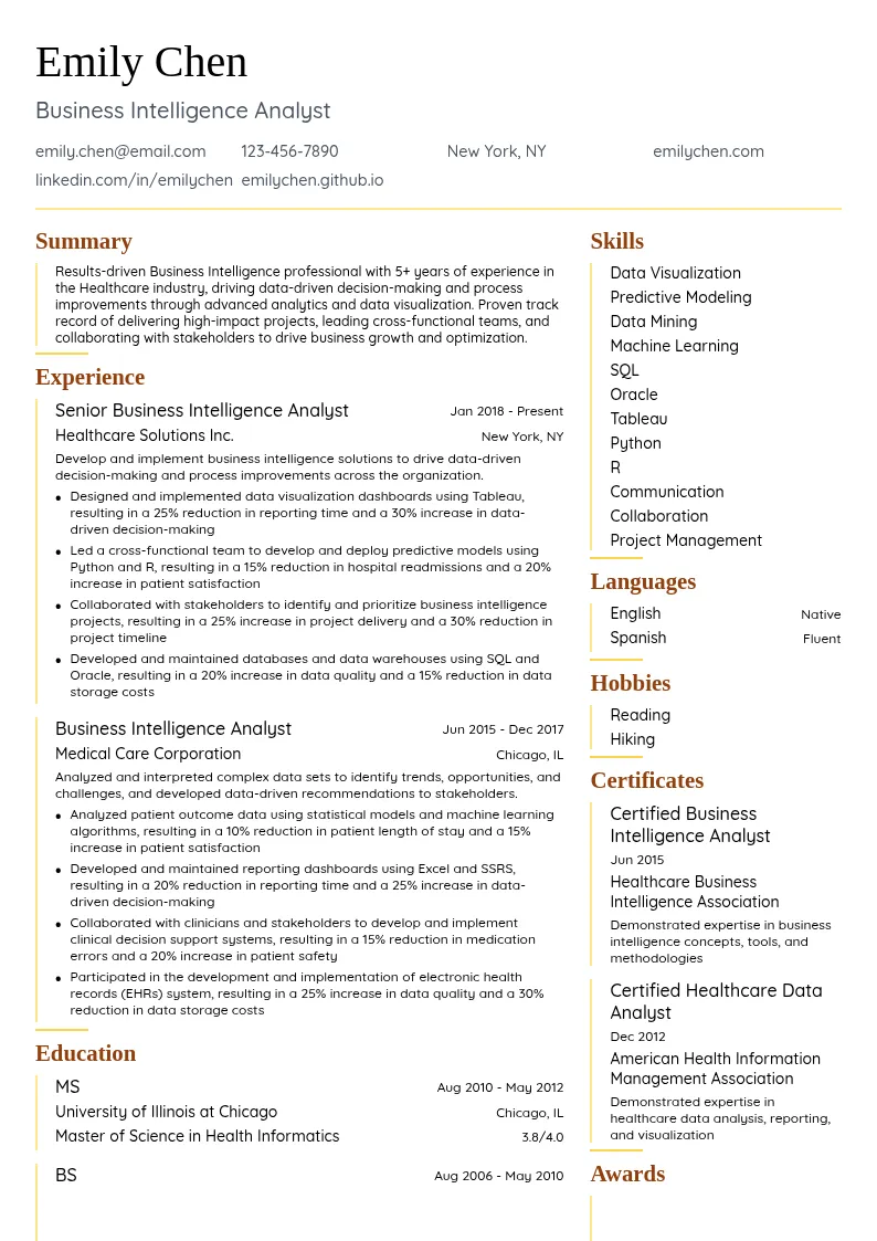 Business Intelligence in Healthcare resume example
