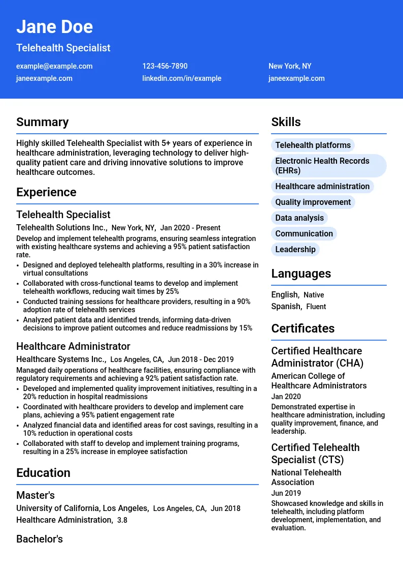Telehealth Specialist resume example