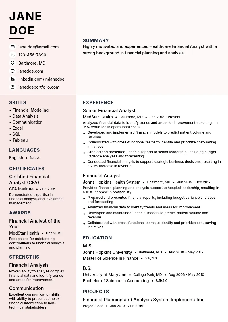 Healthcare Financial Analyst resume example