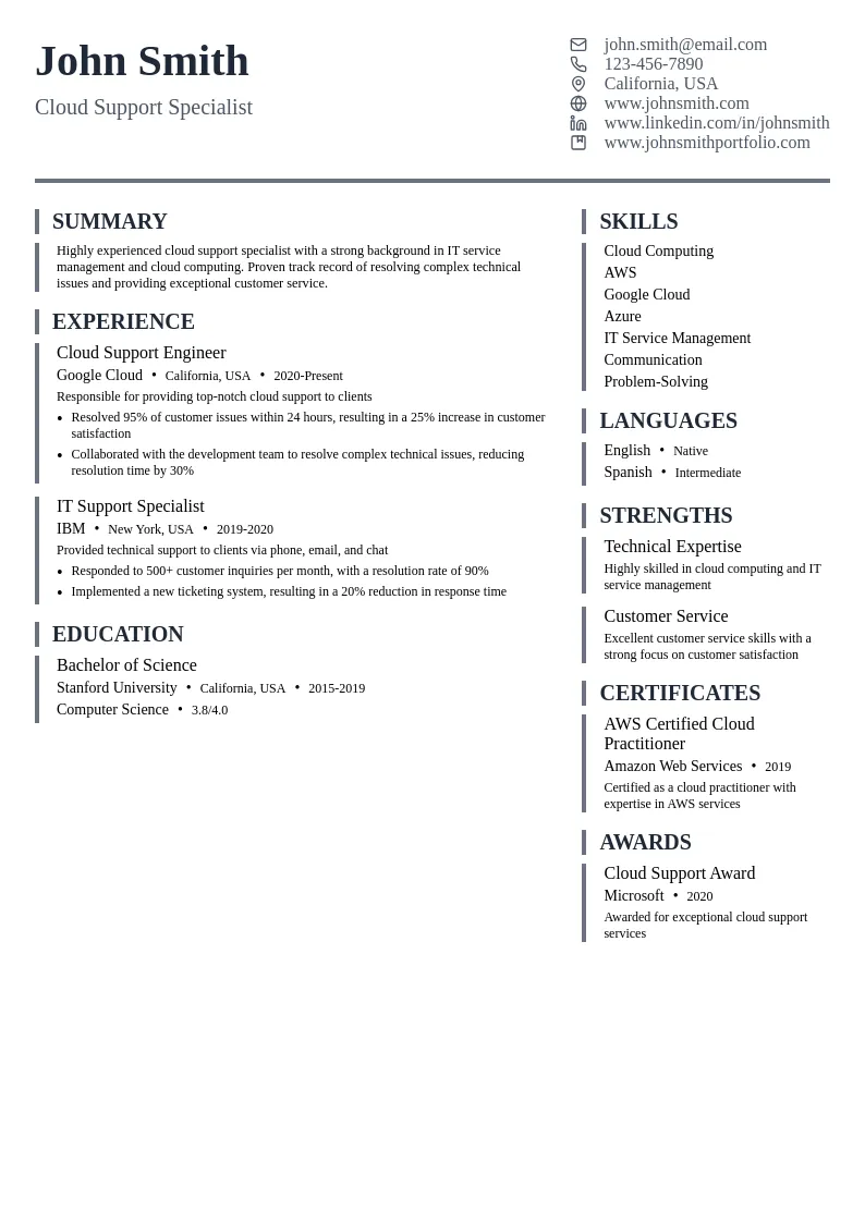 Cloud Support resume example