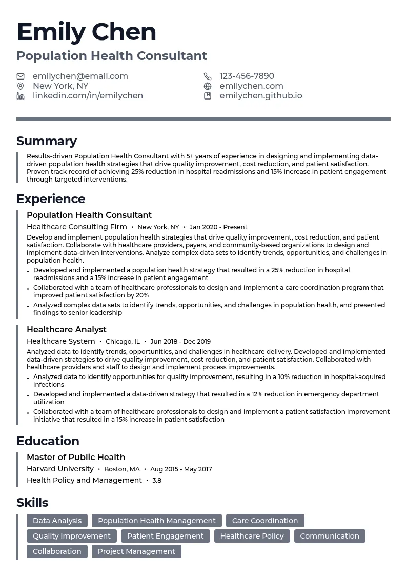 Population Health Consultant resume example