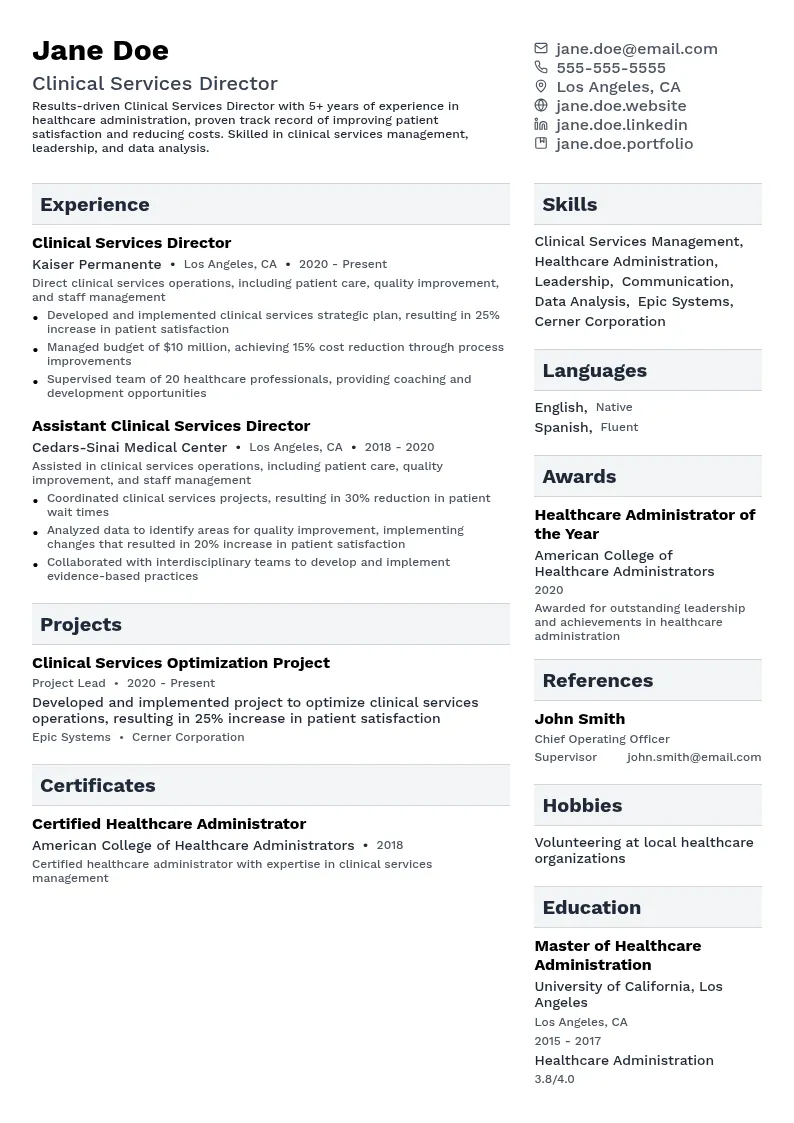 Clinical Services Director resume example