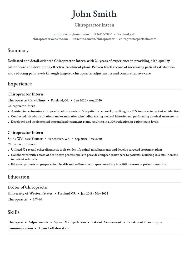 Chiropractor Intern resume example