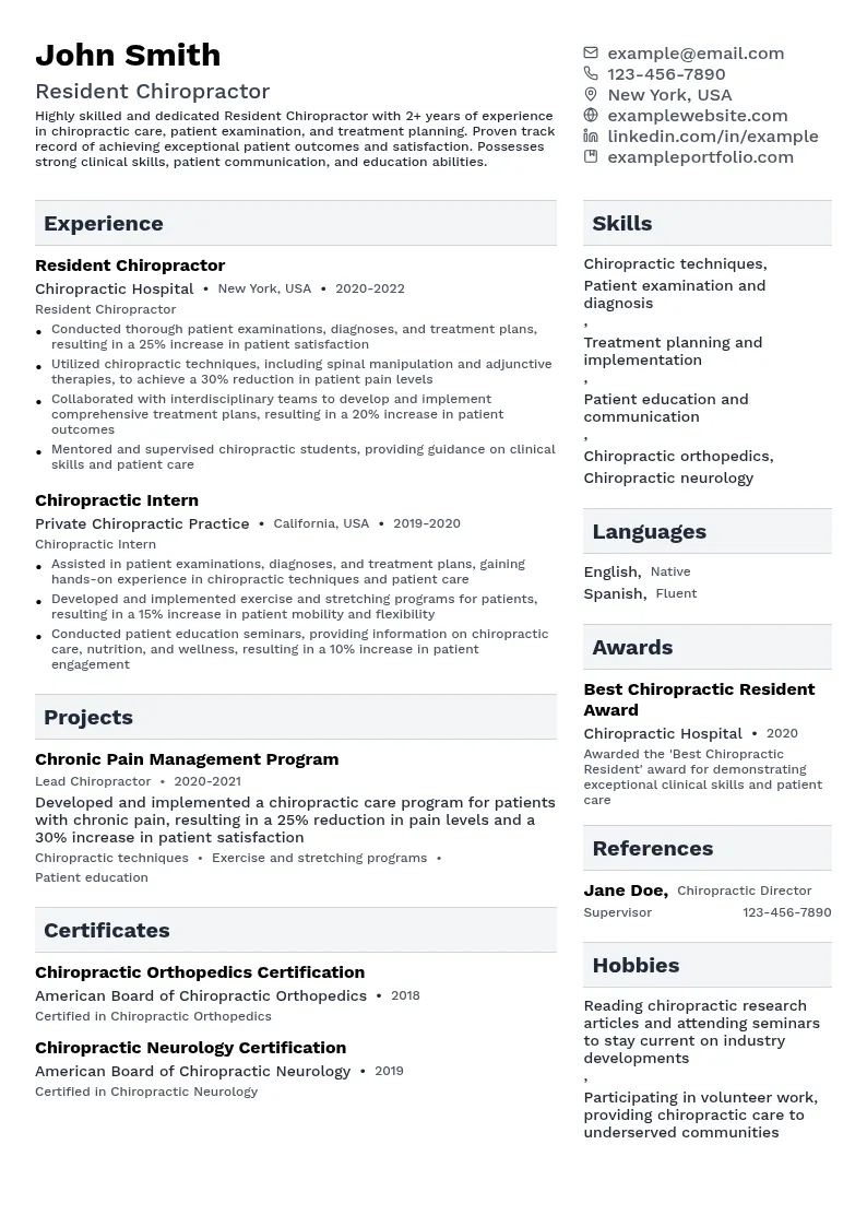 Resident Chiropractor resume example
