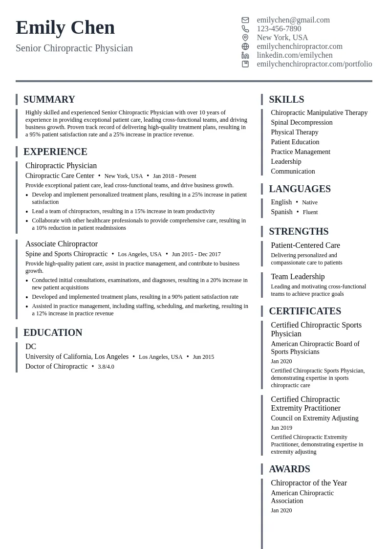 Senior Chiropractic Physician resume example