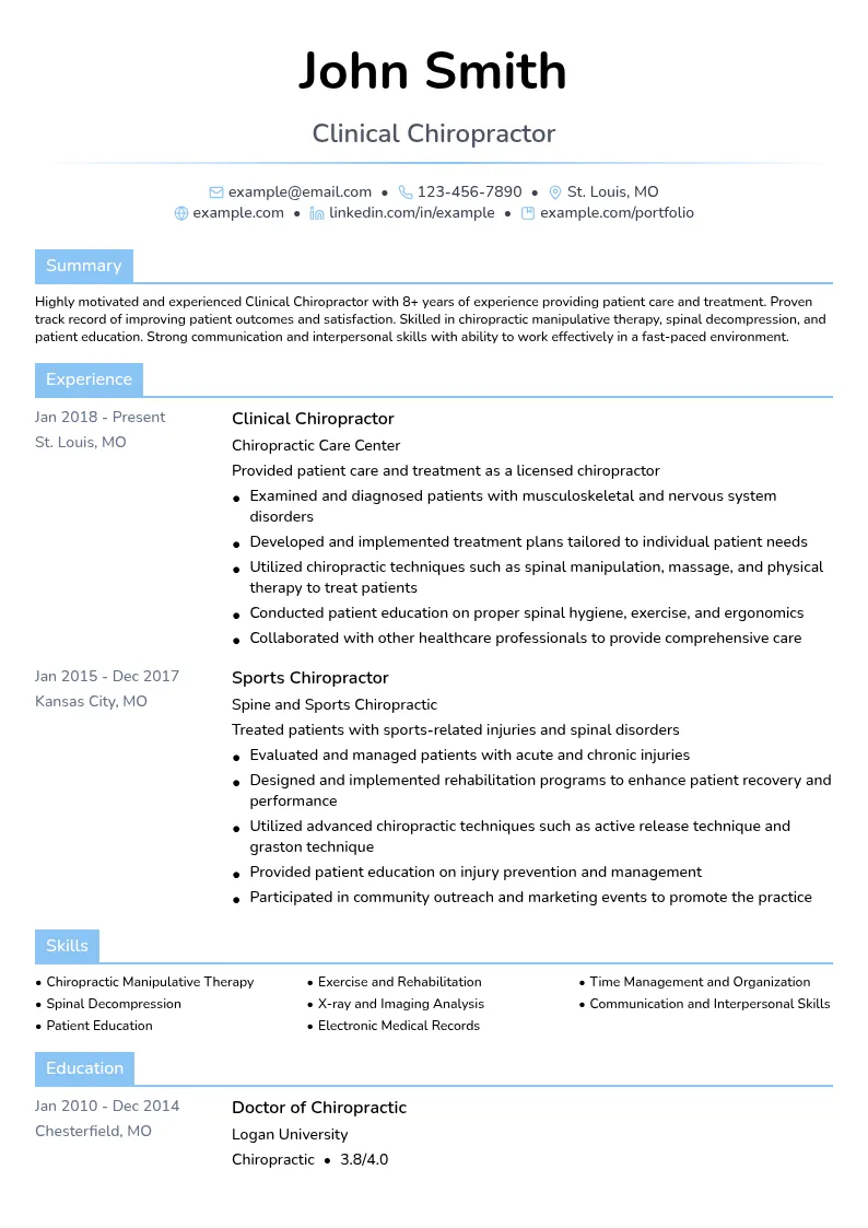Clinical Chiropractor resume example