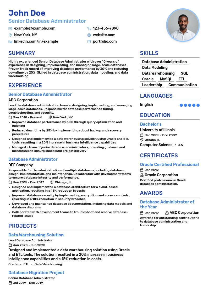 Senior Database Administrator resume example