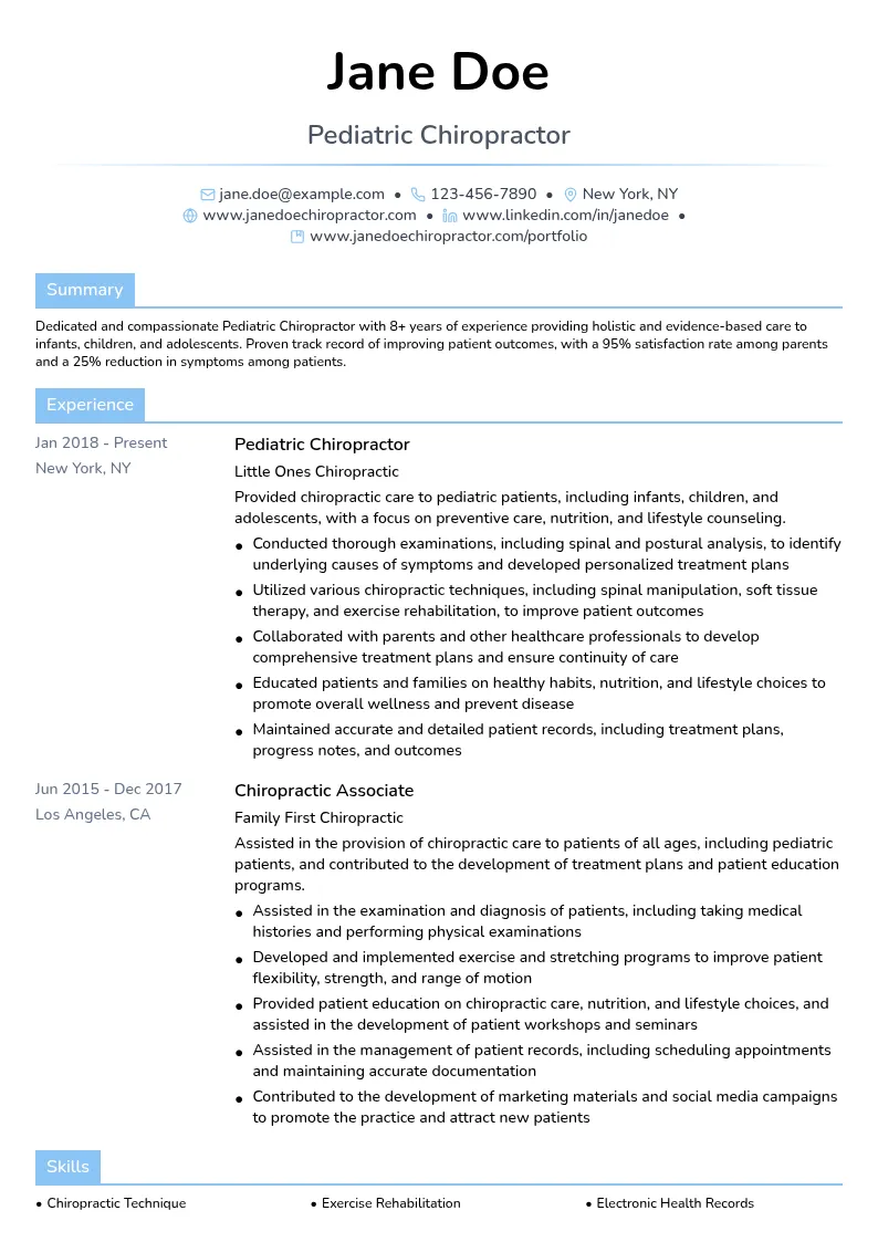 Pediatric Chiropractor resume example