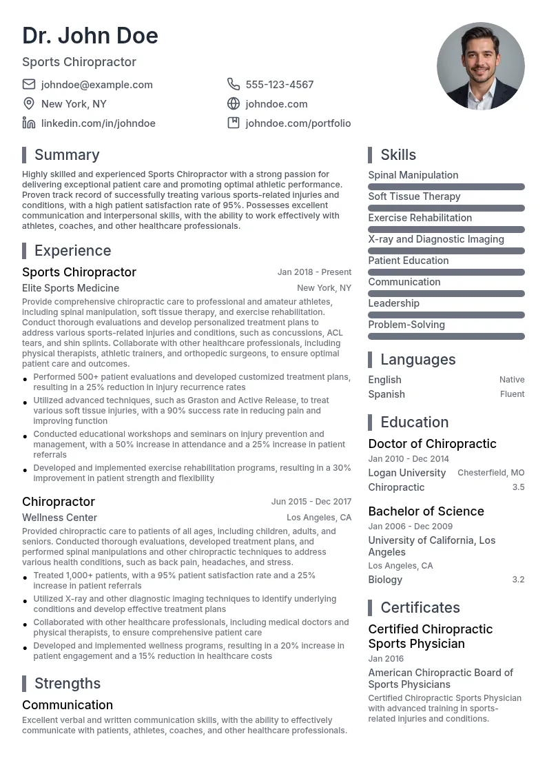 Sports Chiropractor resume example