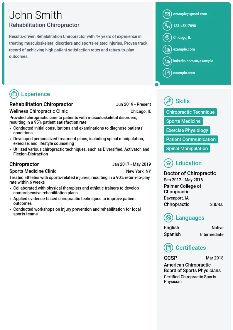 Rehabilitation Chiropractor resume example
