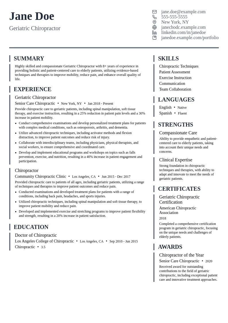Geriatric Chiropractor resume example