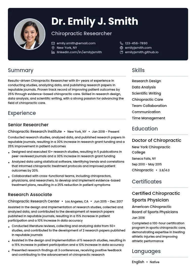 Chiropractic Researcher resume example
