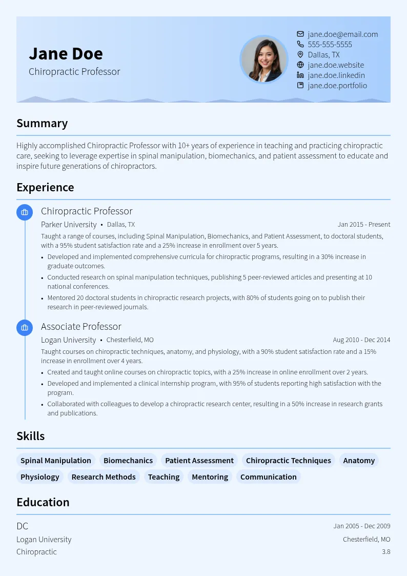 Chiropractic Professor resume example