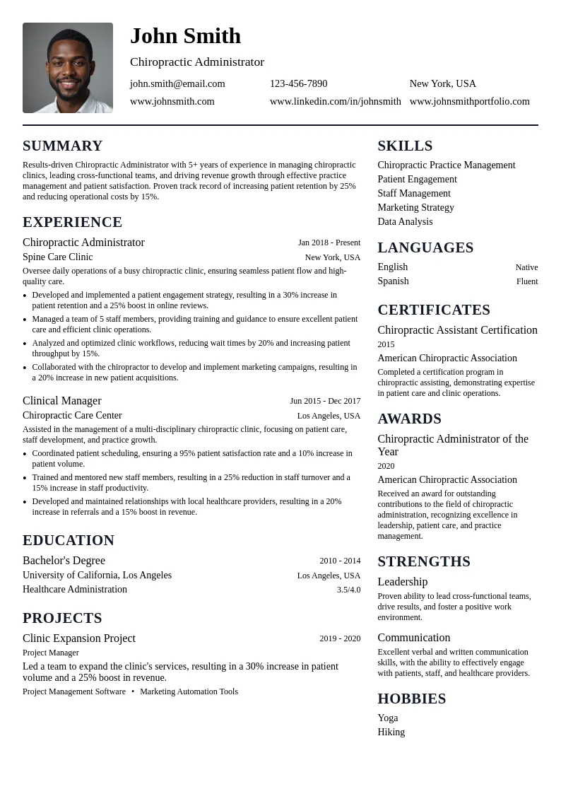 Chiropractic Administrator resume example