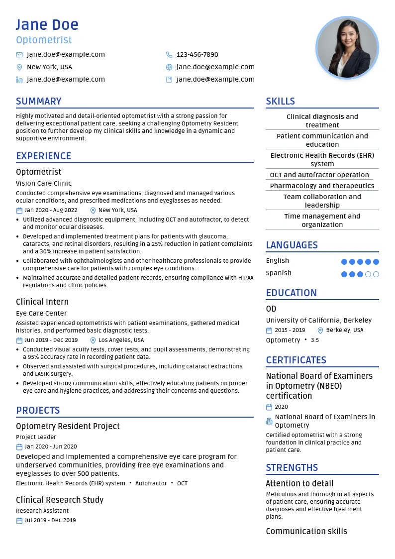 Optometry Resident resume example