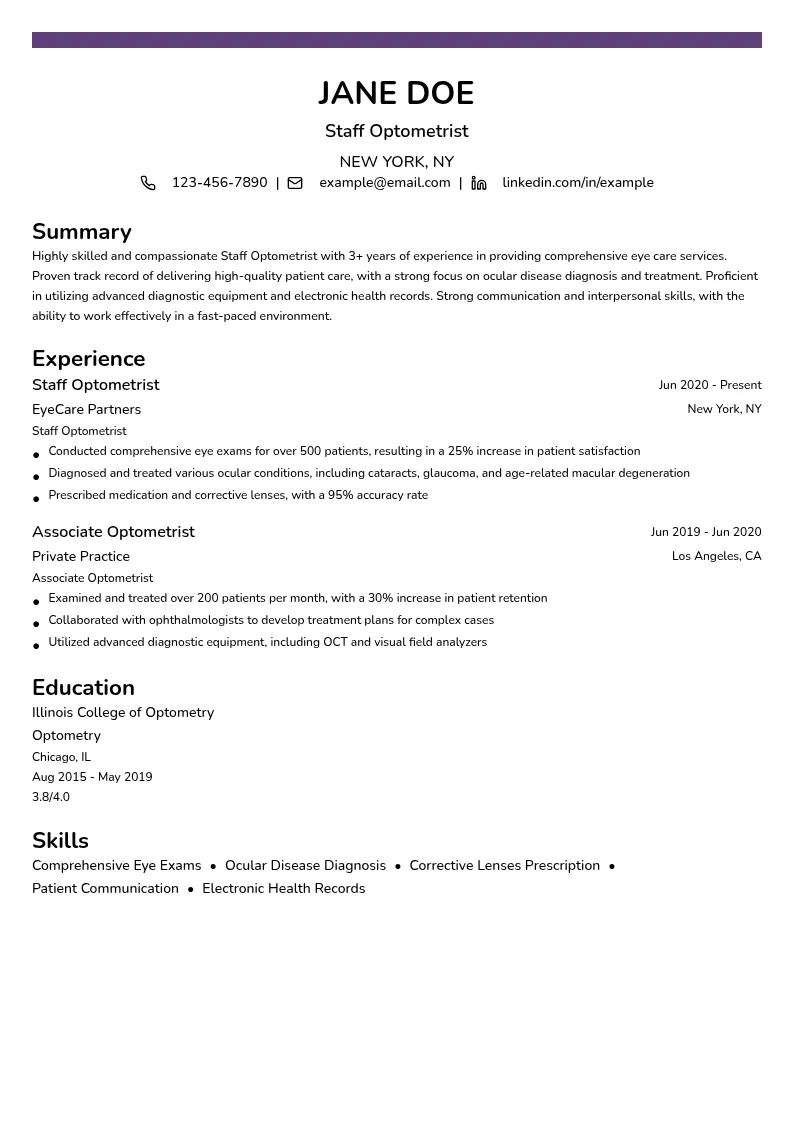 Staff Optometrist resume example
