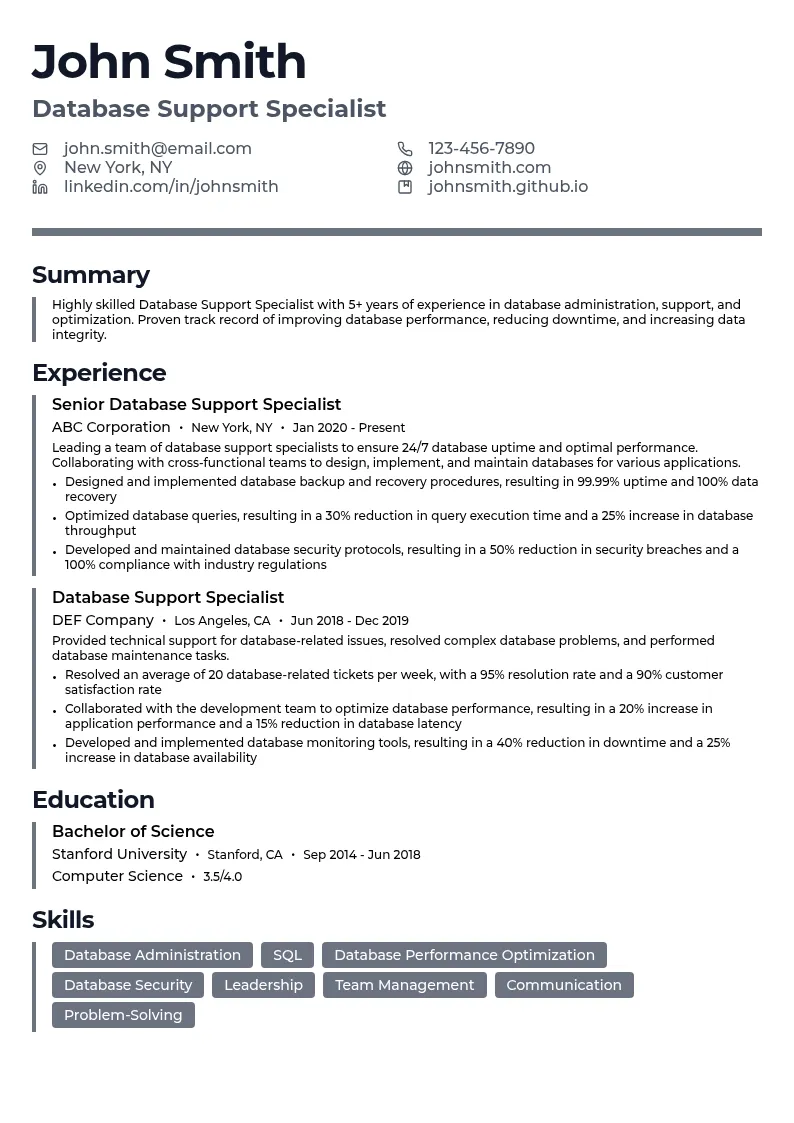 Database Support resume example