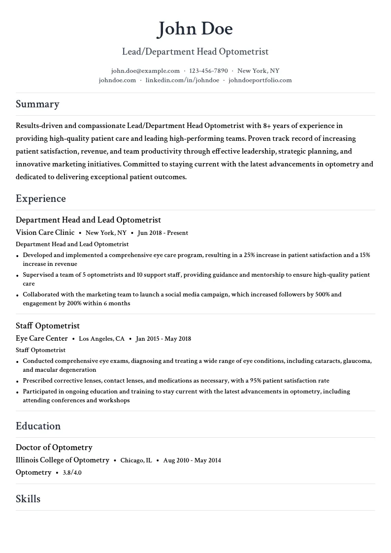 Lead/Department Head resume example