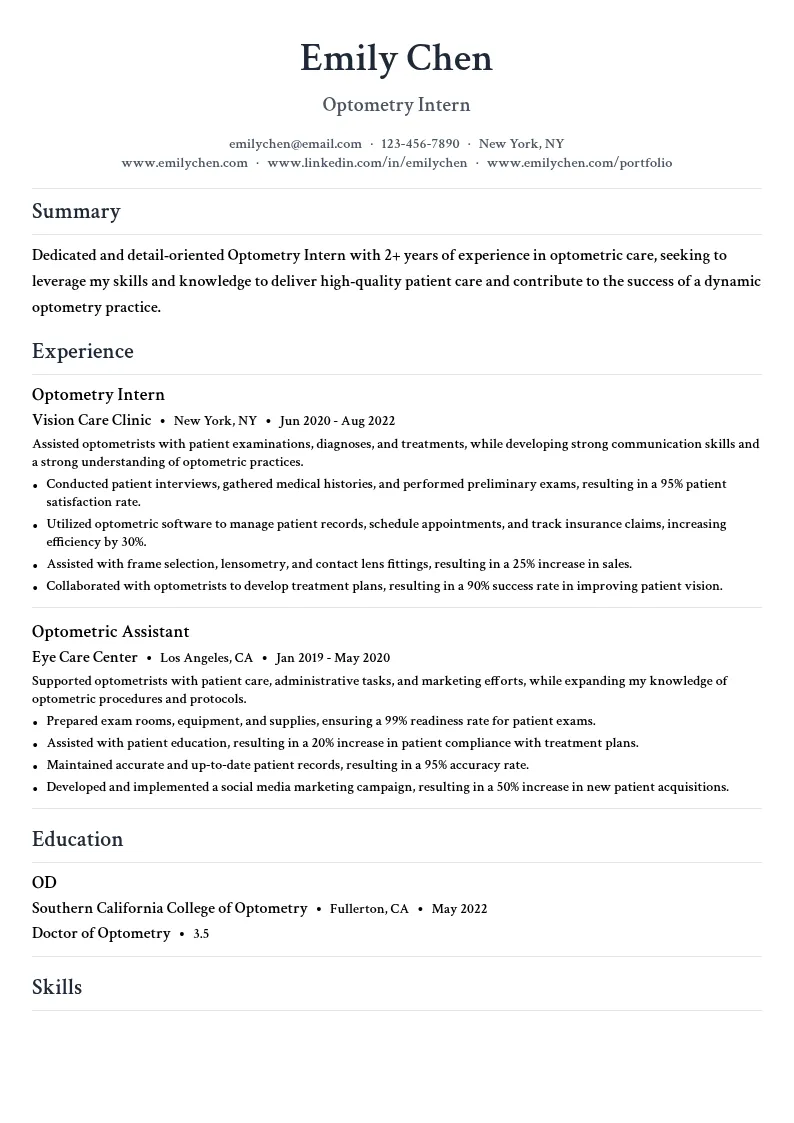 Optometry Intern resume example