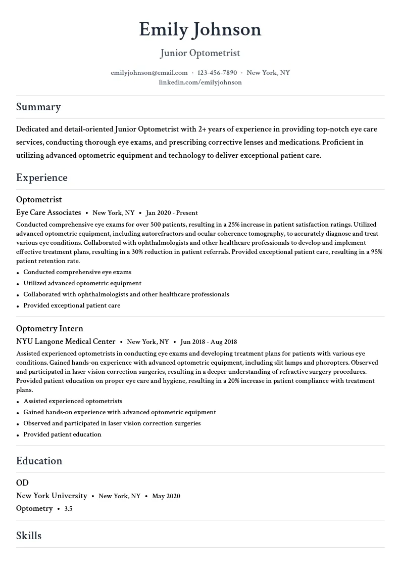 Junior Optometrist resume example
