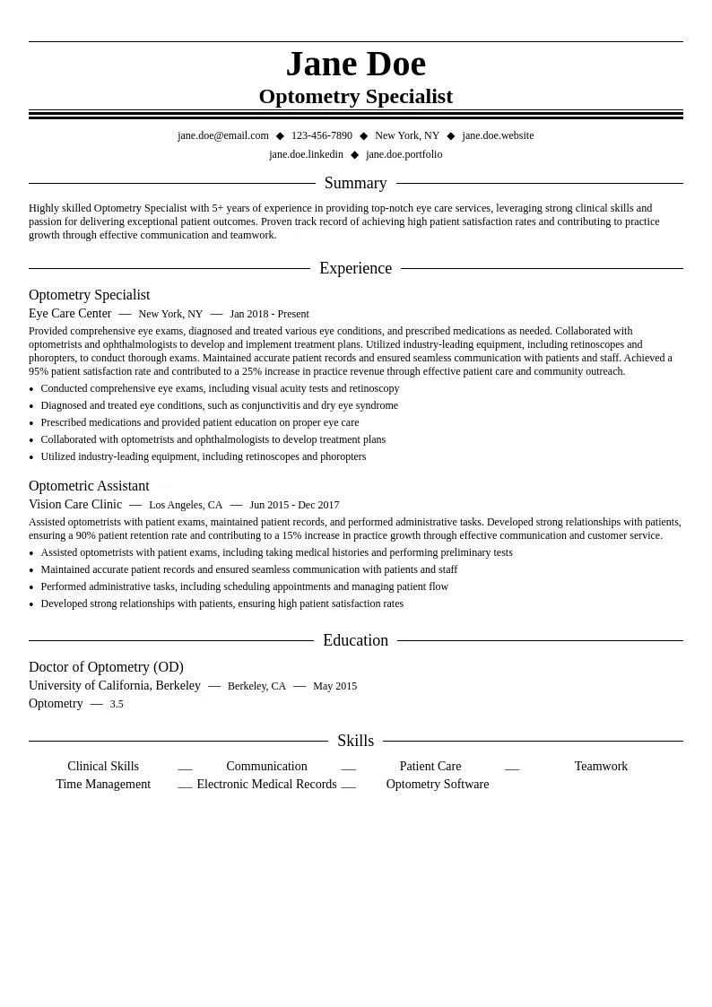 Optometry Specialist resume example