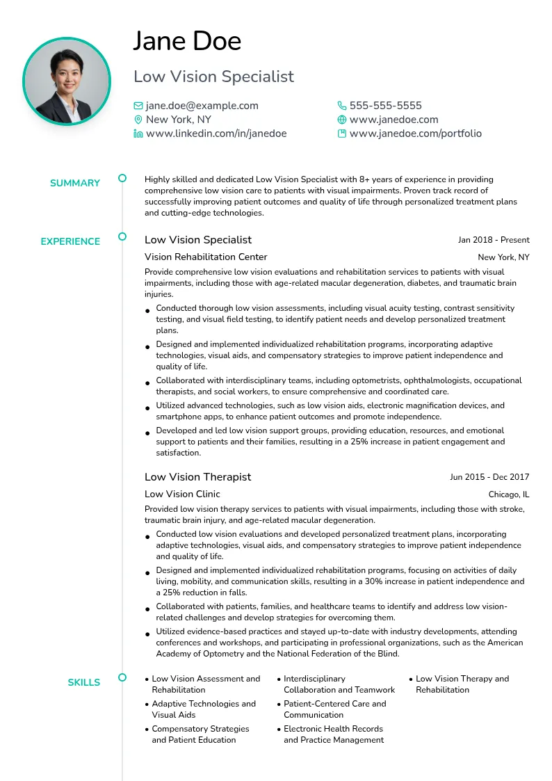 Low Vision Specialist resume example