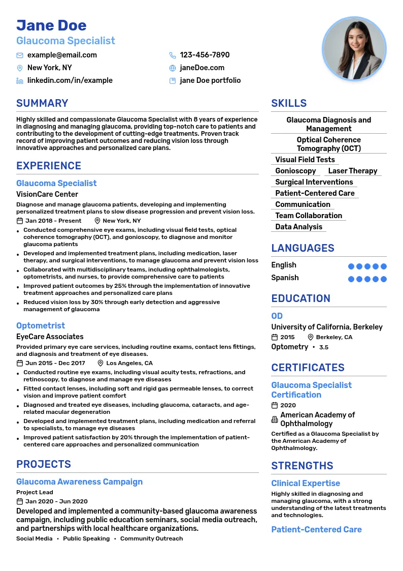 Glaucoma Specialist resume example