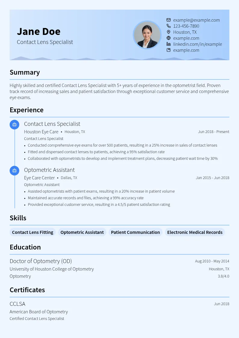 Contact Lens Specialist resume example