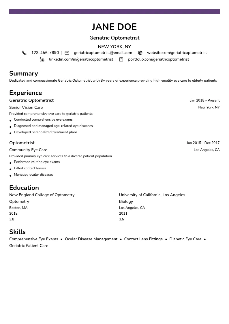 Geriatric Optometrist resume example
