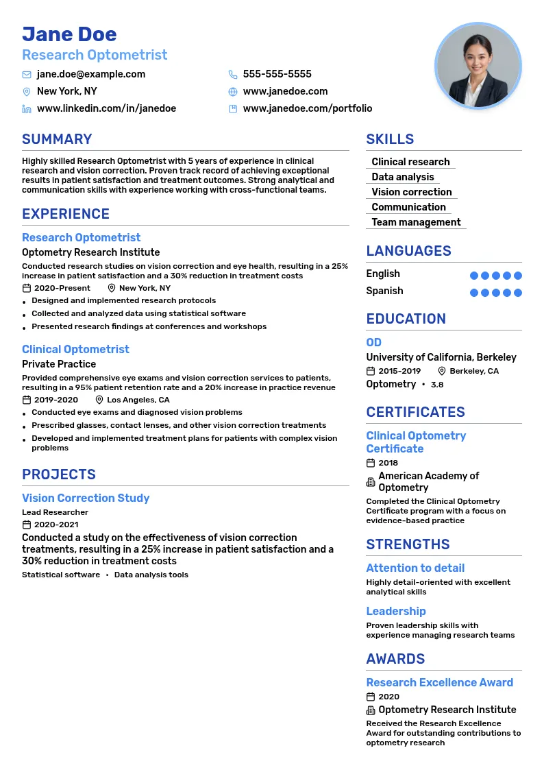 Research Optometrist resume example