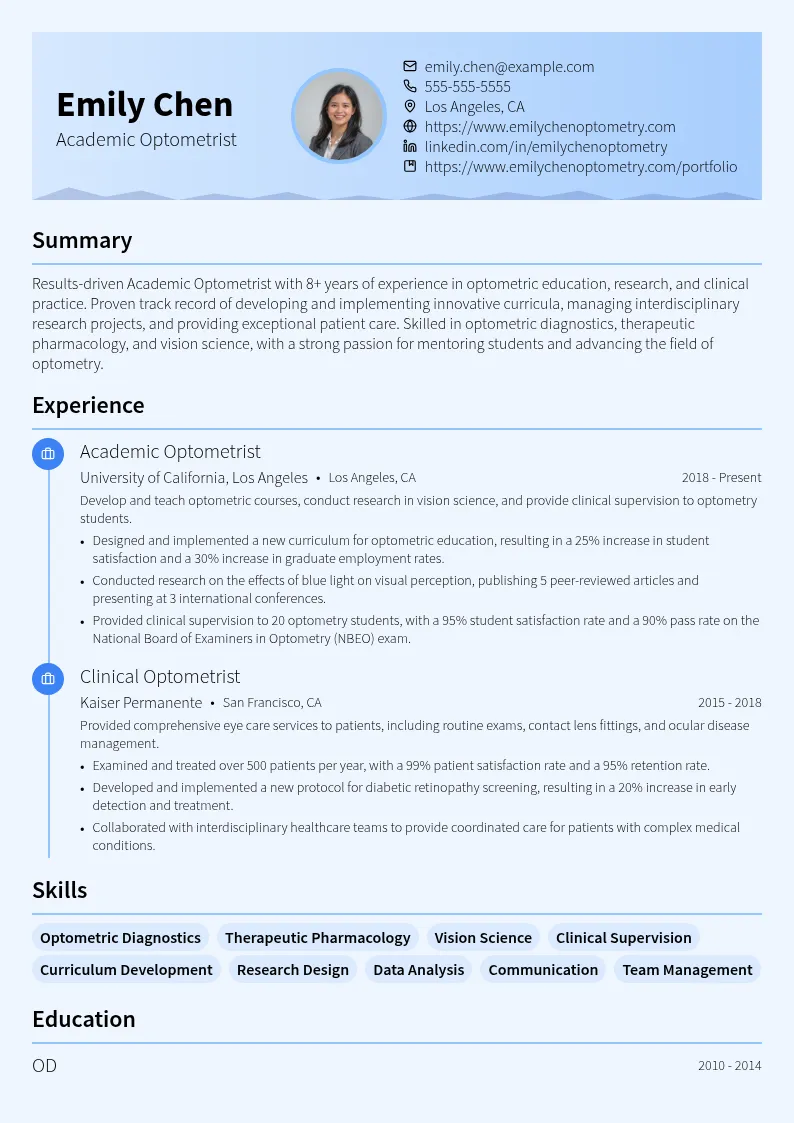 Academic Optometrist resume example