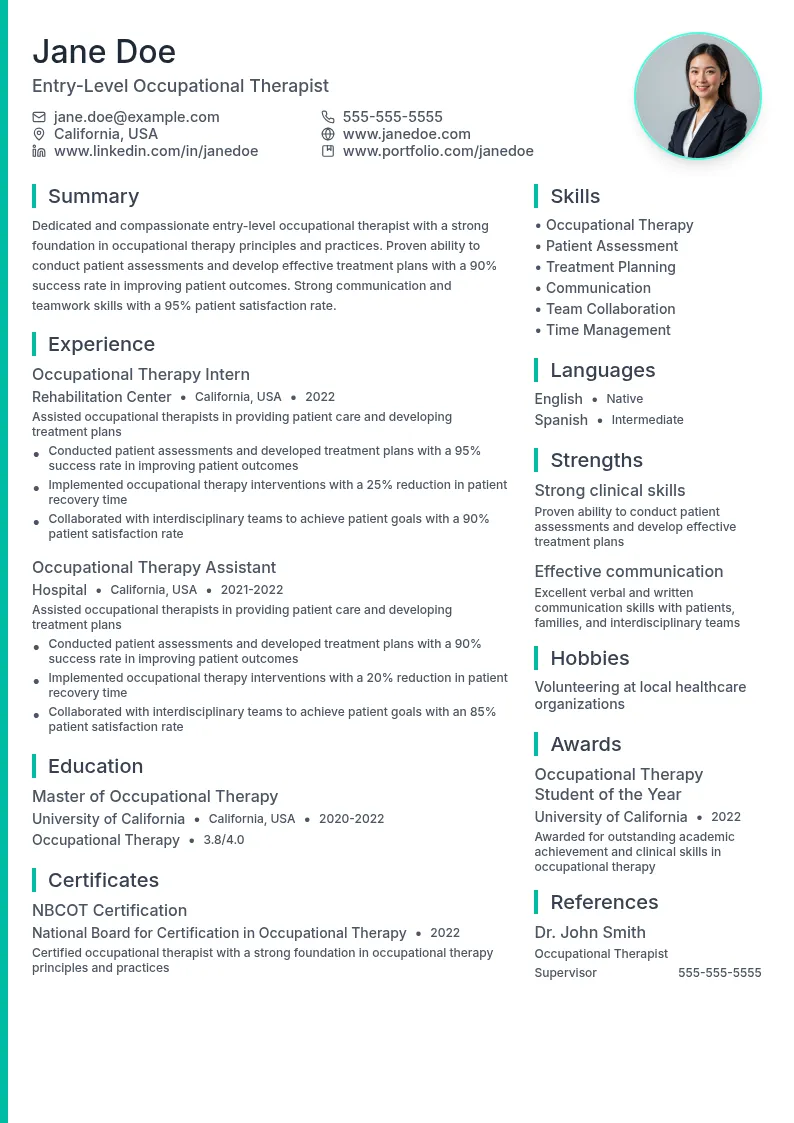 Entry-Level Occupational Therapist resume example