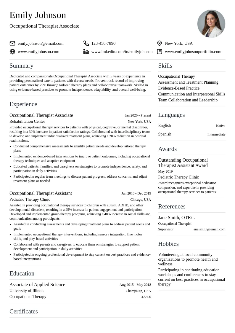 Occupational Therapist Associate resume example