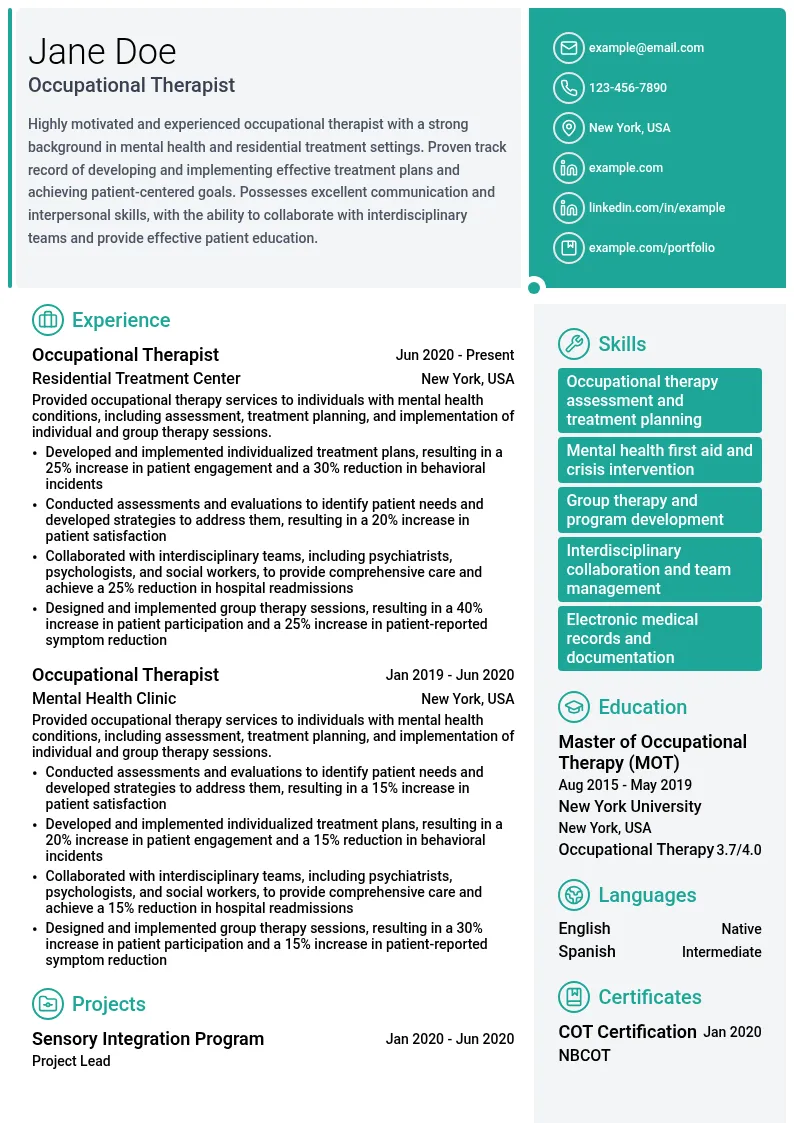 Occupational Therapist, Residential Treatment Center resume example