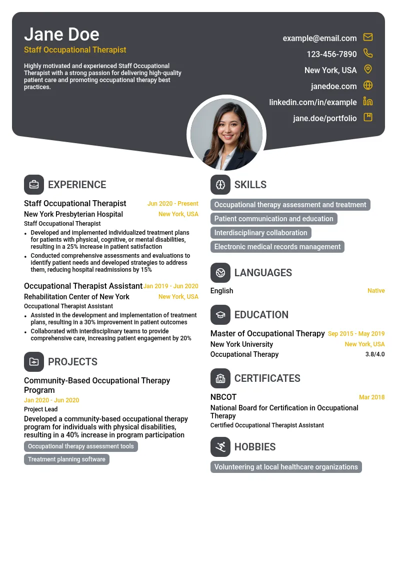 Staff Occupational Therapist resume example