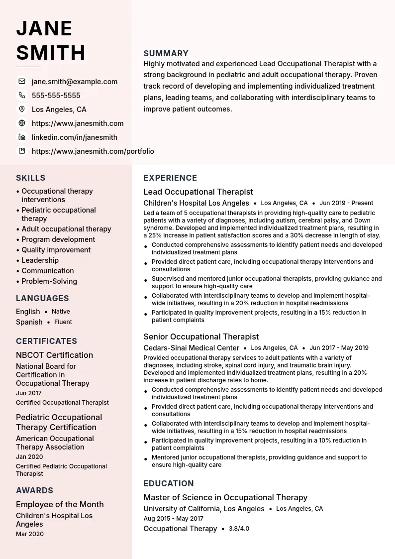 Lead Occupational Therapist resume example