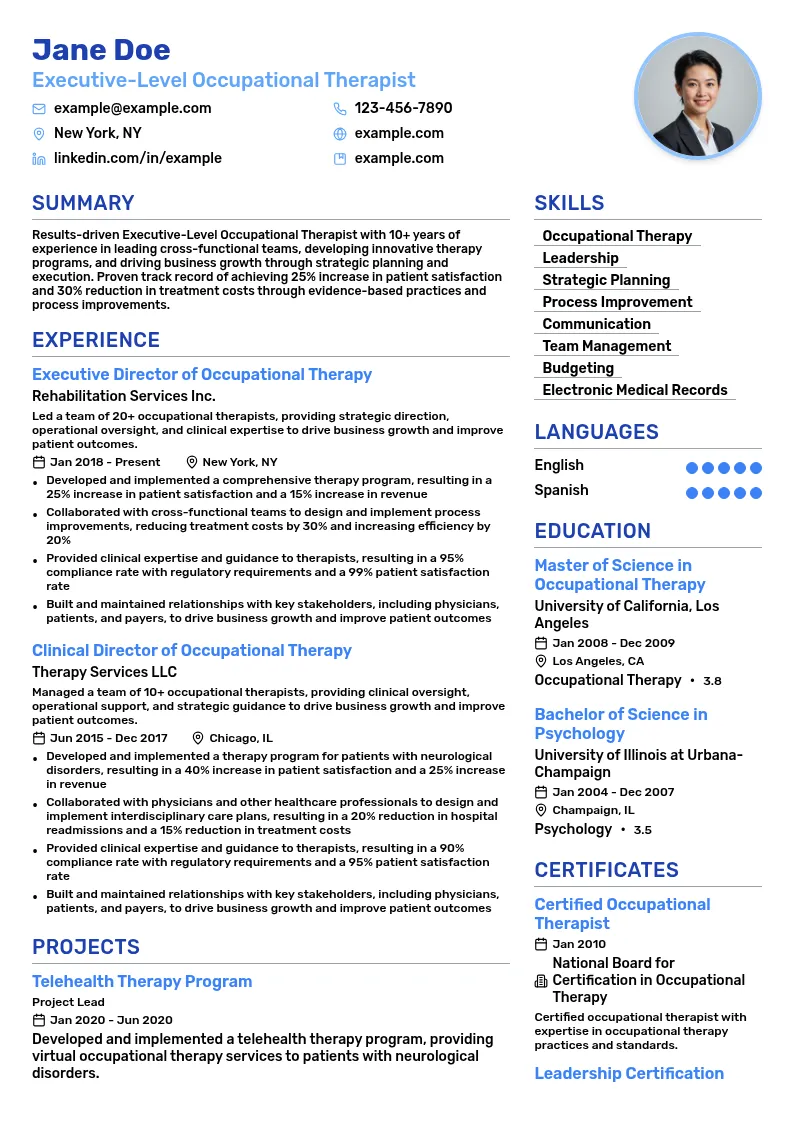 Executive-Level Occupational Therapist resume example