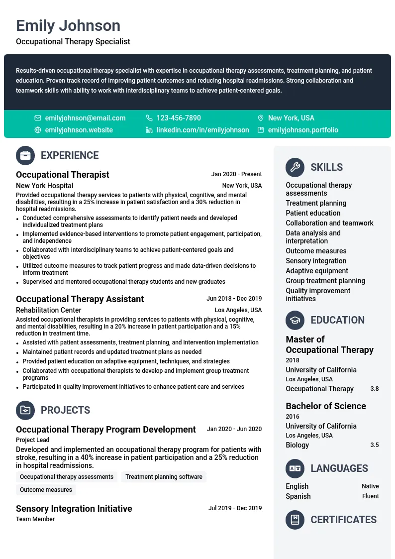 Occupational Therapy Specialist resume example