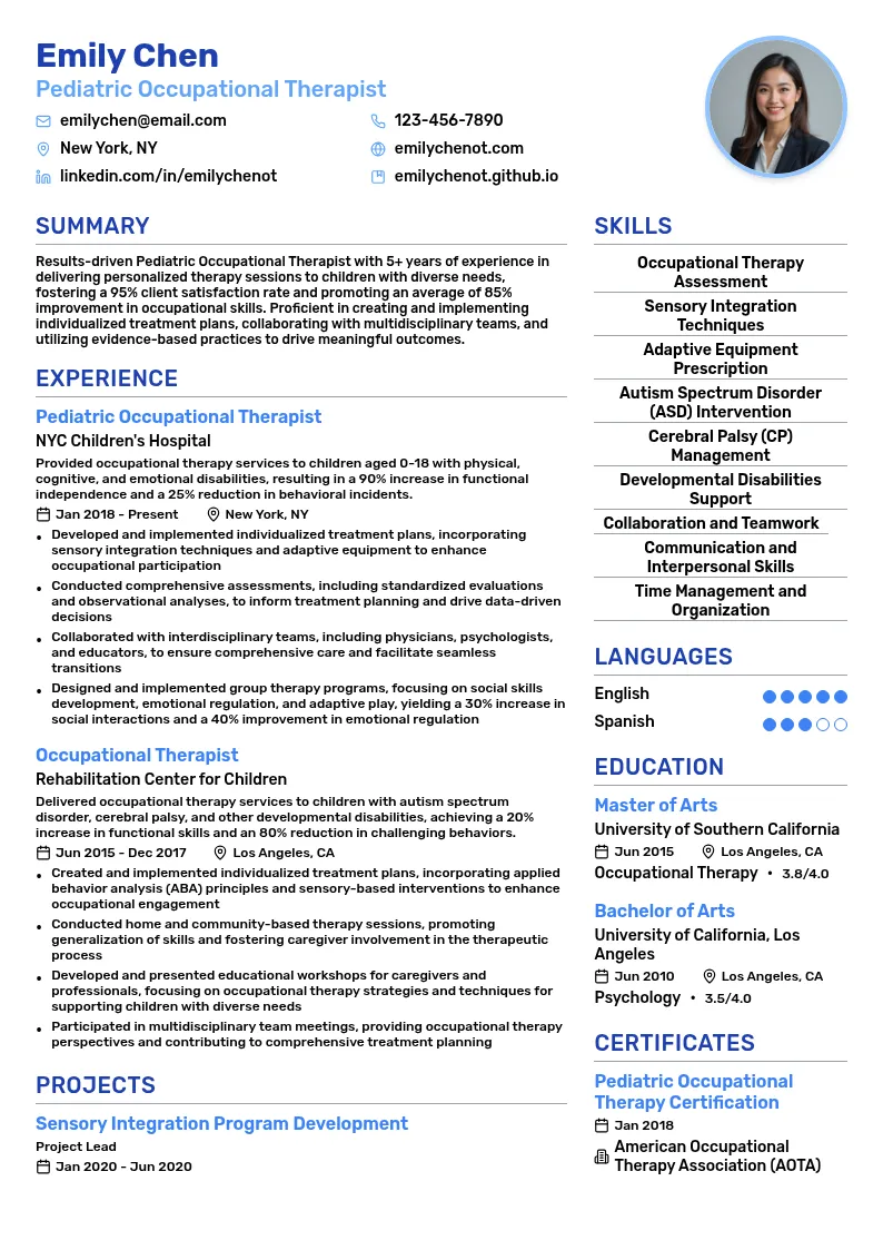 Pediatric Occupational Therapist resume example