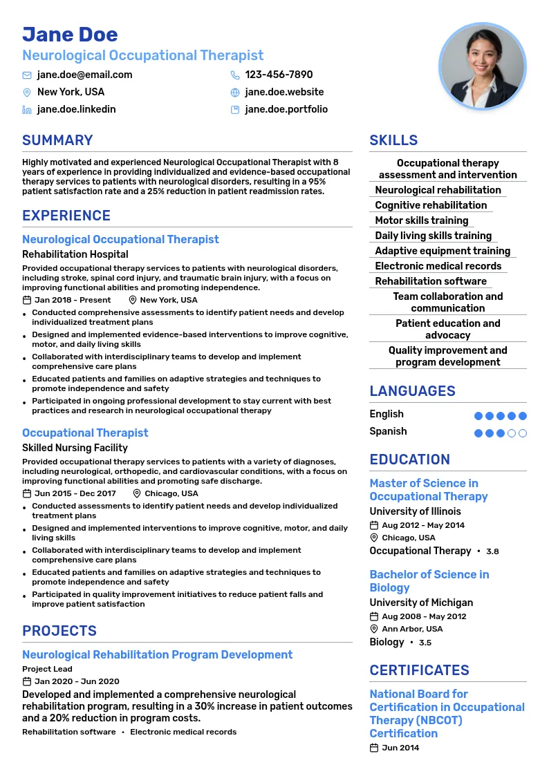 Neurological Occupational Therapist resume example