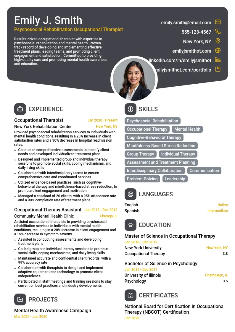 Psychosocial Rehabilitation Occupational Therapist resume example