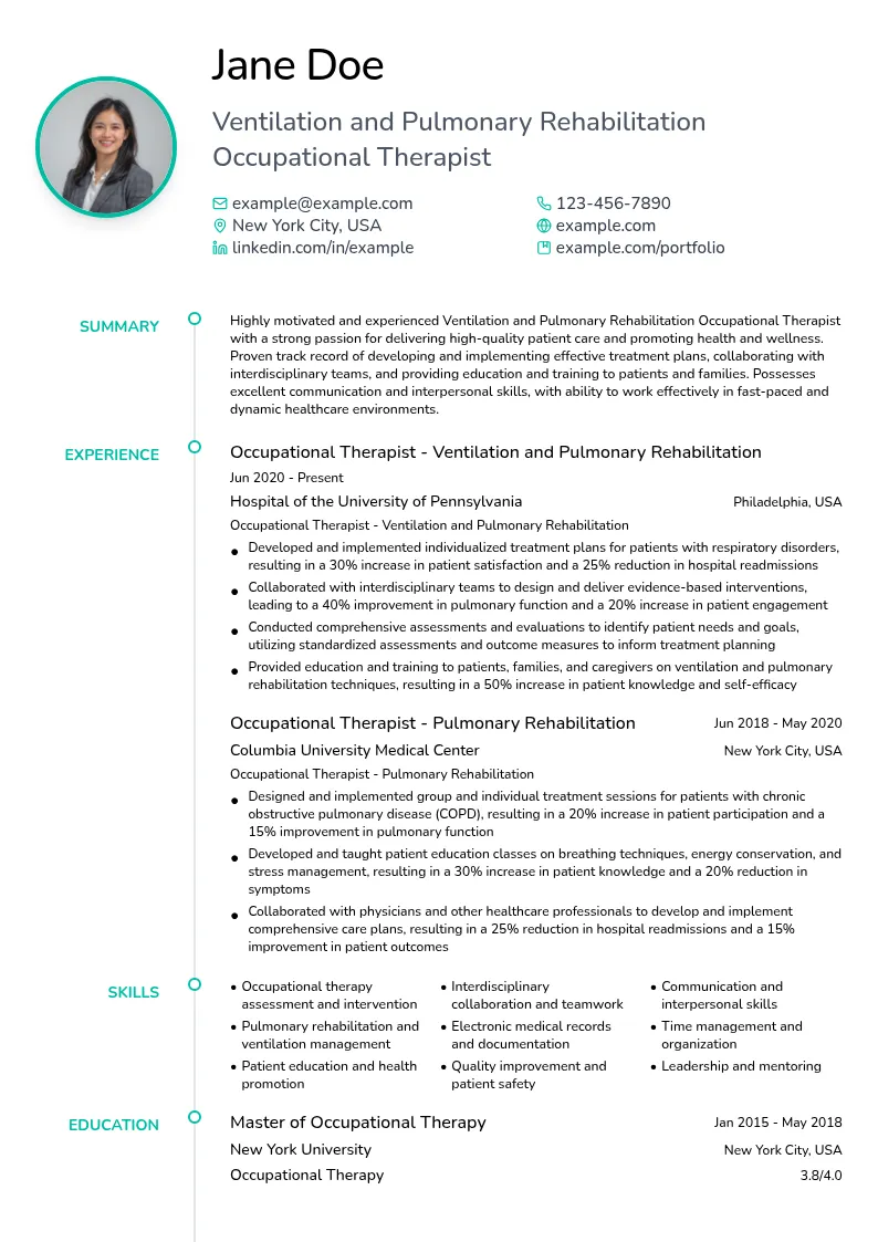 Ventilation and Pulmonary Rehabilitation Occupational Therapist resume example