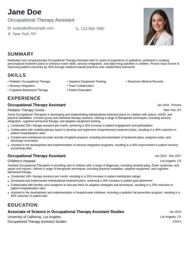 Occupational Therapy Assistant in Pediatrics resume example