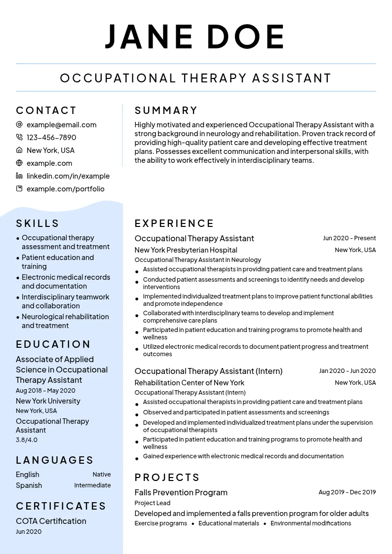 Occupational Therapy Assistant in Neurology resume example