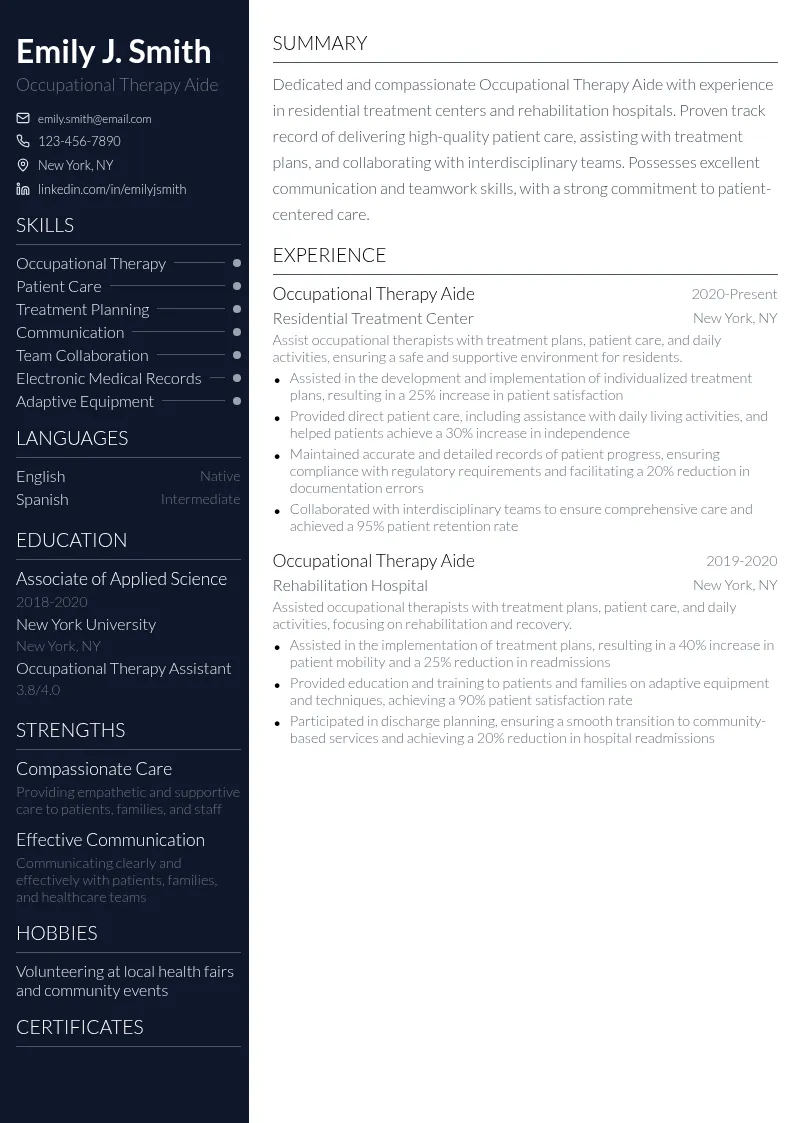 Occupational Therapy Aide in Residential Treatment Center resume example
