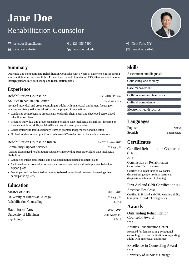 Rehabilitation Counselor for Adults with Intellectual Disabilities resume example