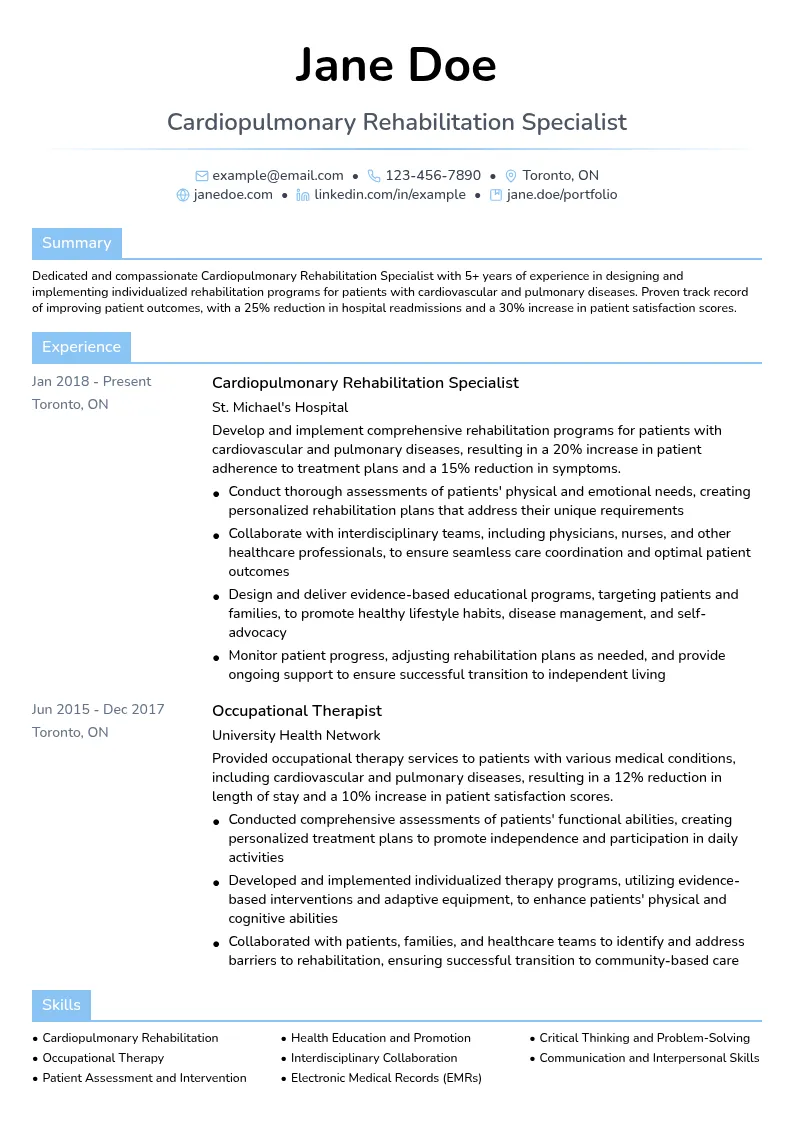 Cardiopulmonary Rehabilitation Specialist resume example